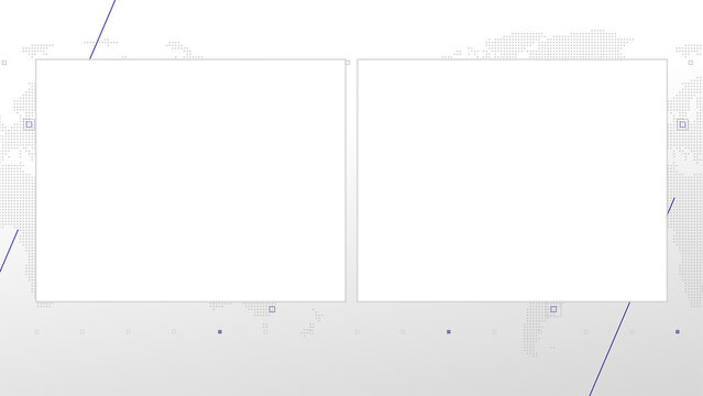 Two box split screen for news, interviews, live broadcast, tv shows, live streaming. Alpha channel transparent cut, 4K, world map background with blue elements, simplicity and minimalism design.