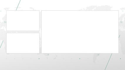 Obraz premium Three box split screen for news, interviews, live broadcast, tv shows, live streaming. Alpha channel transparent cut, 4K, world map background with green elements, simplicity and minimalism design.