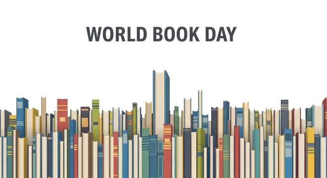 Celebration of world book day with a colorful skyline created from stacked books and a white background