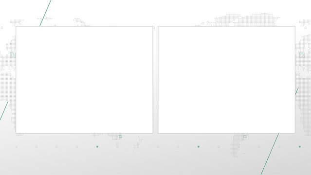 Two box split screen for news, interviews, live broadcast, tv shows, live streaming. Alpha channel transparent cut, 4K, world map background with green elements, simplicity and minimalism design.