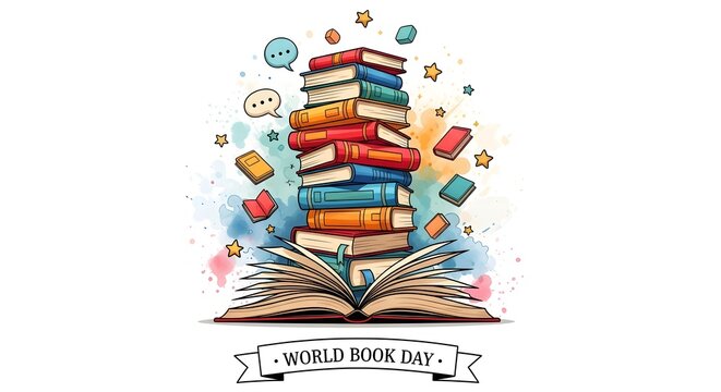 A vibrant watercolor illustration of a tall stack of books with an open book base and floating pages