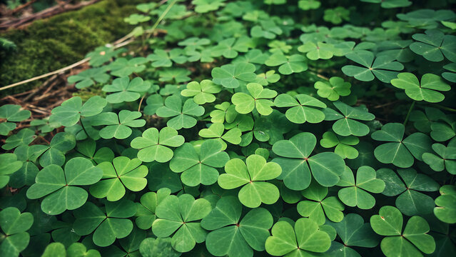 Fresh green clover leaves covering ground in natural sunlight close-up overhead view