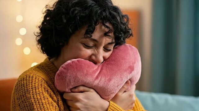 A woman with curly hair, wearing a yellow sweater, is hugging a pink heart-shaped pillow with a warm, affectionate expression. The background features soft, out-of-focus lights, suggesting a cozy indo