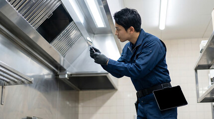 Commercial kitchen exhaust hood inspection professional technician using mirror and tablet to check ventilation system grease buildup and fire safety compliance in restaurant