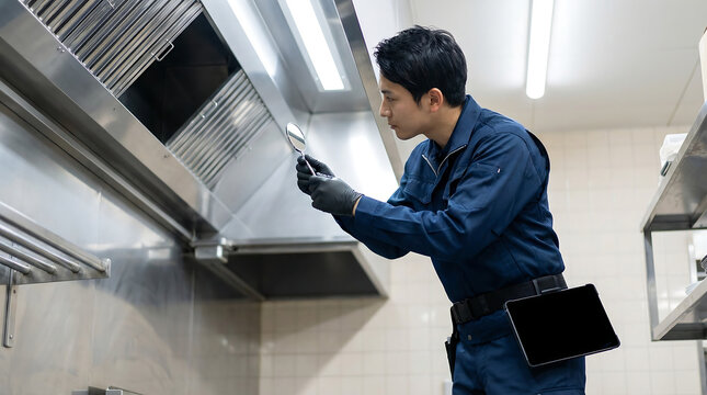 Commercial kitchen exhaust hood inspection professional technician using mirror and tablet to check ventilation system grease buildup and fire safety compliance in restaurant