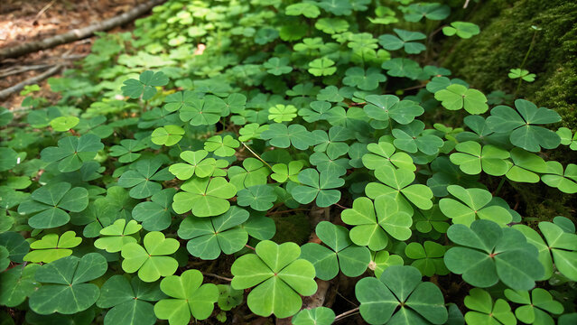 Lush green clover leaves covering forest ground in natural sunlight overhead close-up view