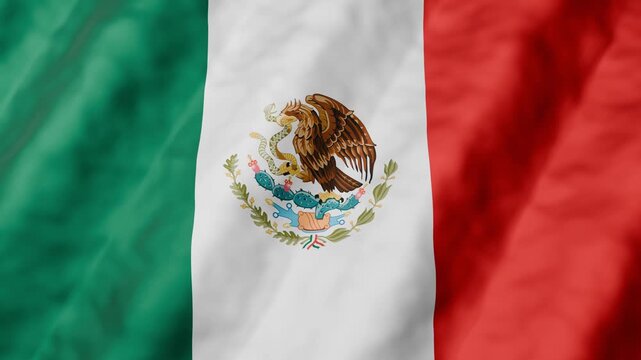 Realistic 3D animation of Mexico national flag waving in seamless loop. Green white red tricolor with eagle emblem on white stripe. 4K patriotic background, independence day and national celebration.