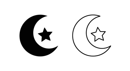Obraz premium Vector black crescent moon and star icons, one solid fill and one outline, isolated on transparent background for UI design.