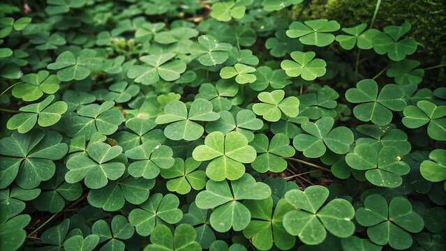 Fresh green clover leaves in natural sunlight close-up overhead view for luck and nature concept