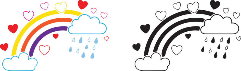 Colorful and monochrome rainbow illustrations with hearts and raindrops