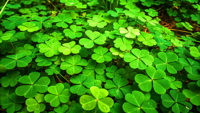 Fresh green clover leaves in natural sunlight close-up on forest floor background
