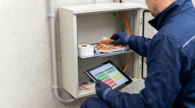 Fiber optic cabinet labeling workflow technician organizing orange fiber cables and labels with tablet for telecom network documentation asset tracking and maintenance