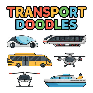 Transport Doodles Illustration: A colorful array of transport doodles, showcasing a diverse range of vehicles, from a sleek futuristic car to a helicopter.