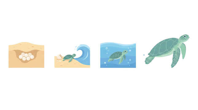Vector illustration of a sea turtle life cycle. Eggs buried in sand, a hatchling crawling, a young swimming turtle, and a large majestic adult sea turtle. Flat design, pastel blue and green tones, mar