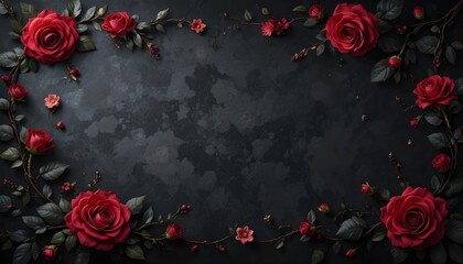 Dark Floral Background with Red Roses and Elegant Decorative Vines Romantic Design