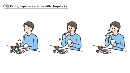 箸で和食を食べる男性