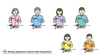 箸で和食を食べる人物　セット