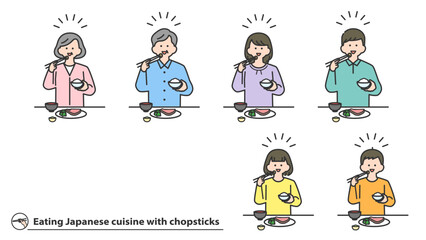 箸で和食を食べる人物　セット