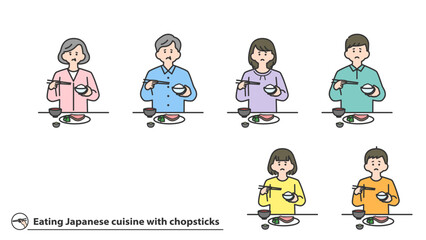 箸で和食を食べる人物（ネガティブ）　セット