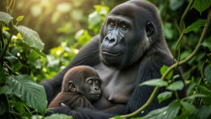 Fototapeta premium Gorilla Mother and Baby in Jungle.