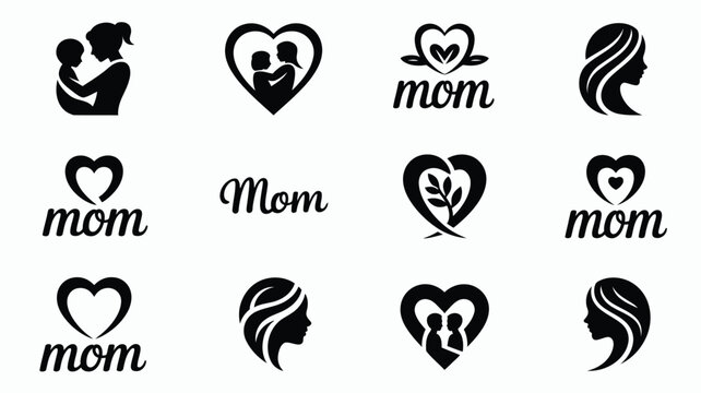 Black vector graphics showcasing various mom themed icons and logos with hearts and silhouettes on a white background for mother's day or love concepts