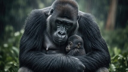Obraz premium Gorilla Holding Baby in Forest Embrace.