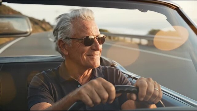 Silver haired senior man wearing sunglasses driving convertible along coastal road at sunset smiling with relaxed joyful expression