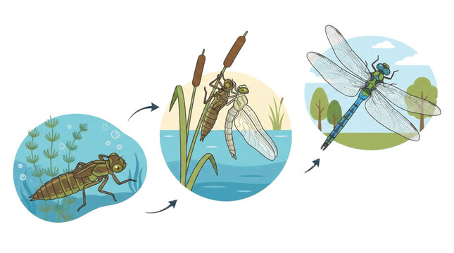Flat vector illustration of a dragonfly metamorphosis. Underwater nymph, emergence stage, and an adult dragonfly with transparent wings flying.