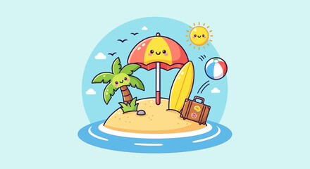 Cartoon beach scene with smiling sun and palm tree.
