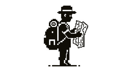 Fototapeta premium pixel art adventurer with backpack and hat intently studying a paper map embodying digital navigation retro gaming and exploration.