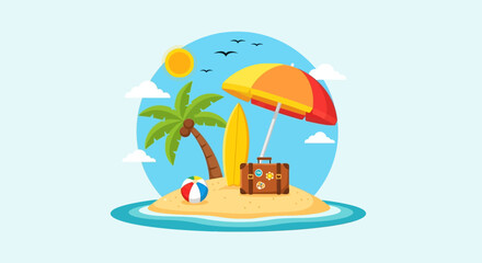 Obraz premium Tropical beach scene with palm tree and umbrella.