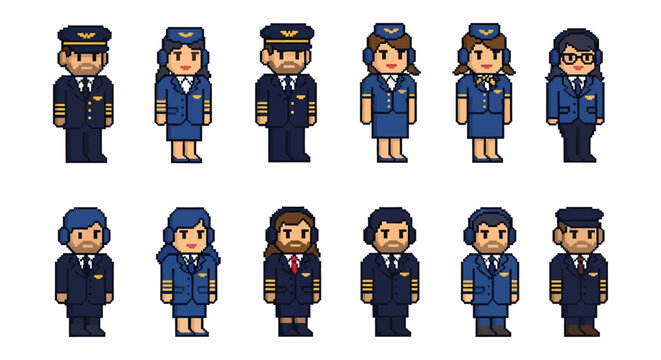 pixel art airline crew characters diverse male and female pilots flight attendants in retro 8-bit uniforms for games.