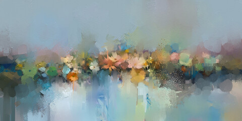 Digital painting, Abstract art, Oil painting pastel color landscape with flower plant, blossom wildflower, field, meadow. Illustration artwork, summer - spring nature. Impressionist art © nongkran_ch
