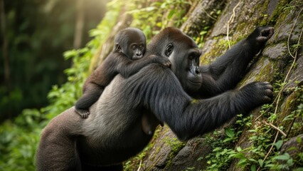 Naklejka premium Gorilla Mother and Baby Climbing Rocky Slope.