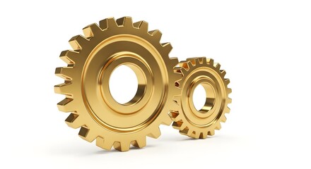 Minimalist 3D rendering of two shiny golden metallic gears meshed together on a clean white background, symbolizing cooperation and machinery