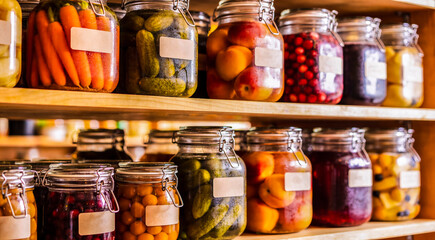 Colorful jars of homemade pickled vegetables and preserved fruits on rustic wooden shelves. This image showcases traditional canning for long-term food storage in a pantry.