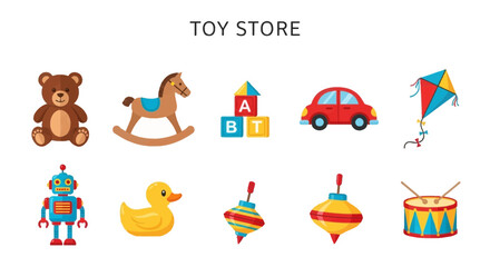 Fototapeta premium A collection of ten colorful flatdesign toys displayed under the text TOY STORE