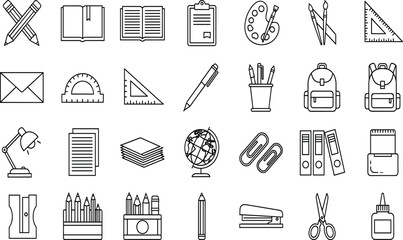 Set of school supplies icons, stationery symbols, education elements, backpack, pencil, book, ruler, globe, art palette, scissors, and back to school (21 words) © Its World