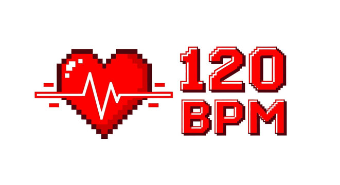 Pixel Art Heart Rate Monitor Icon Showing Fast Heartbeat at 120 BPM. Retro 8-bit Style Cardiology Measurement Graphic Asset for Gaming or Health Interface Design.