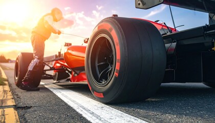 Obraz premium Mechanics prepare a vibrant red race car. The sun is setting