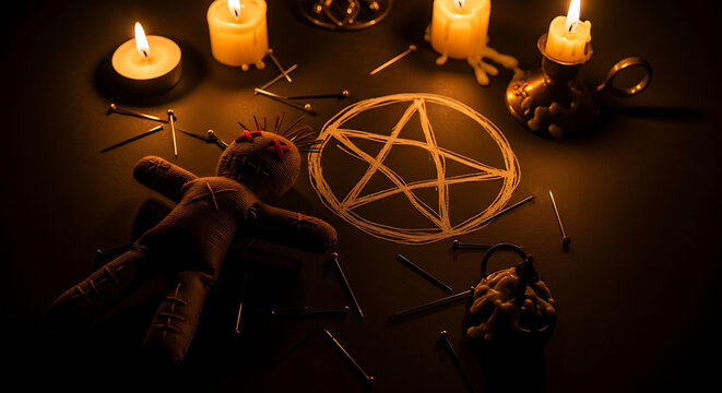 Voodoo doll pentagram and candles on a dark surface with pins scattered around in dim lighting