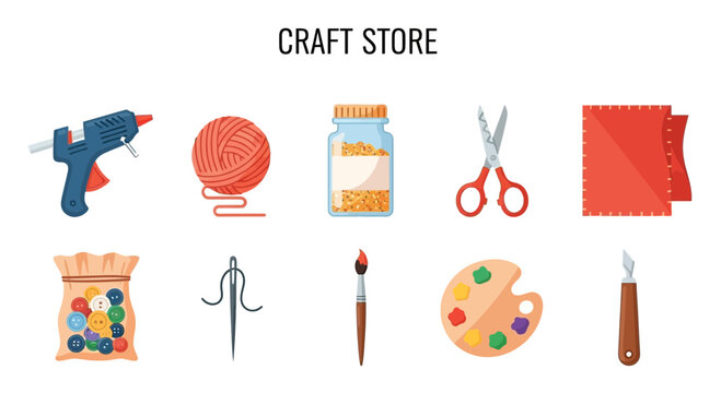 Craft store supplies illustration with glue gun yarn beads scissors fabric buttons needle brush palette and craft knife