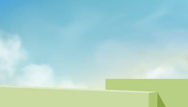 Background Podium on Sky Blue,3d green podium platform on white cloud for cosmetic product display,Summer sunrise banner with abstract mockup stand stage,Vector Nature spring sky for Easter banner