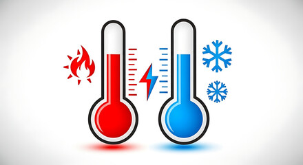 Two thermometers showing hot and cold temperatures with a lightning bolt in the middle and snowflakes
