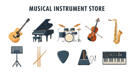 Musical instrument store advertisement featuring various instruments and accessories on white © Faisal