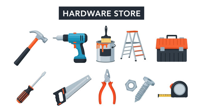 Illustration of various tools and supplies for a hardware store