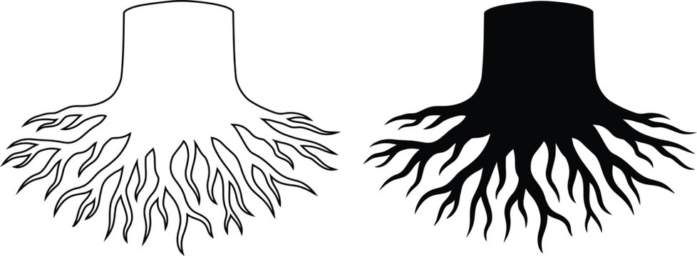 Tree stump with tangled roots vector illustration, organic underground root system silhouette set.