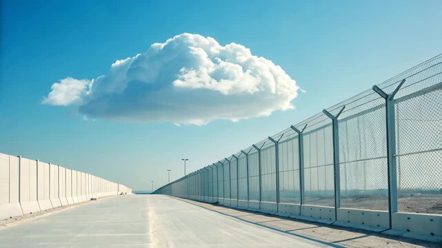 Lone Cloud Floats Over Border Fence Pathway Under Blue Sky, Cinematic Stock Footage