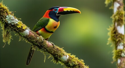 Fototapeta premium Fiery-Billed Aracari on Colorful Branch
