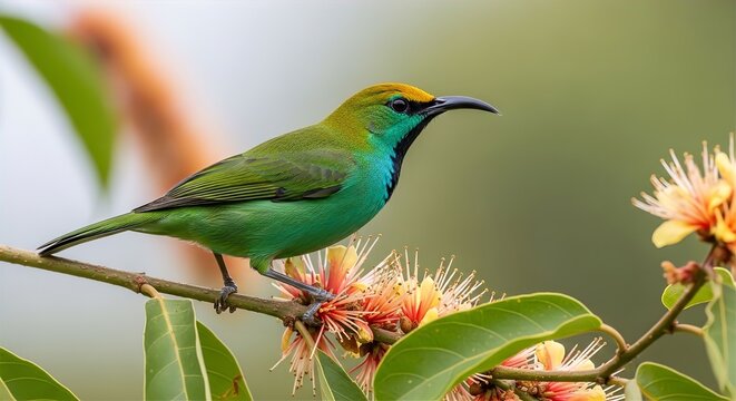 Golden-Fronted Leafbird on Flowering Branch